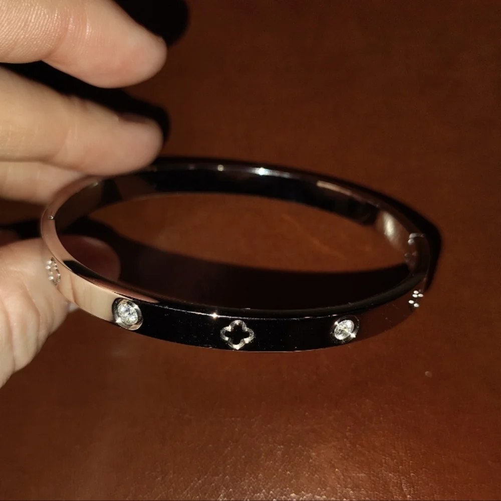 Elegant Silver Colored Bracelet with Crystal Accents Hinged Closure - Picture 6 of 7